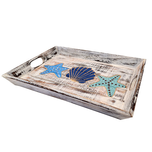 Hamptons Style Wood Tray Coastal Home Decor Seaside Home Decoration

White wash slat tray with carved seashell and starfish