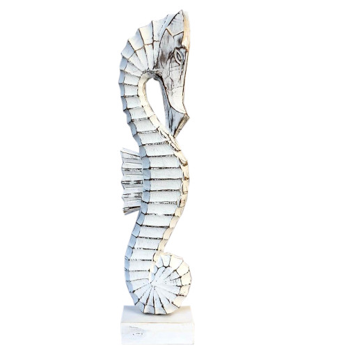Wood carved white seahorse on stand ideal for the tabletop or shelf
50cm
White wash