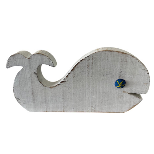 Whitewashed whale table decor, 20cm long, with colorful eyes, adds a playful, coastal charm to beach-themed homes.