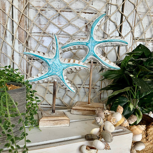 Wooden starfish set of two TurquoiseWhiteWash/Nat