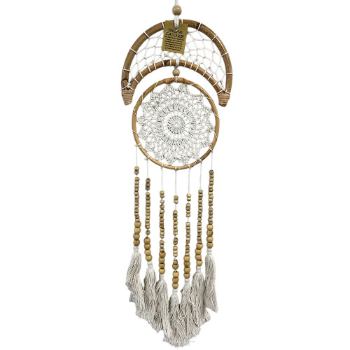 Half-moon-shaped dreamcatcher measuring 27cm by 60cm, crafted from rattan and adorned with macrame and beads