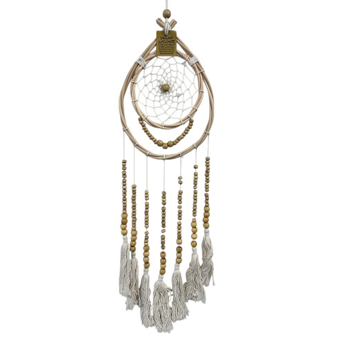 Teardrop shaped dreamcatcher measuring 19cm by 60cm, crafted from rattan and featuring intricate macrame knots and beautiful beads