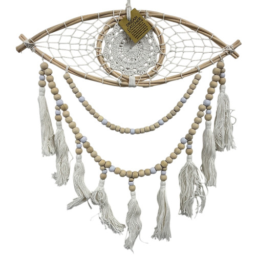 Eye-shaped dreamcatcher, handcrafted from natural rattan and adorned with intricate macrame knots and natural beads. Measuring 40cm in width and 50cm in height