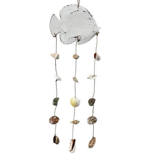 Beach House wall decoration hanging wood carved fish and three strands of natural shell . Measuring 60 cm in length and 17 cm in width