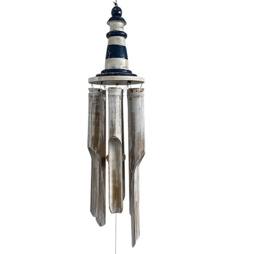 Wind chime white wash bamboo & wood carved light house outdoor home decor
Length 60cm