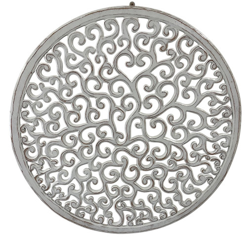 Handcrafted 80cm MDF mandala in white wash, circular wall art with carved details for a peaceful home.