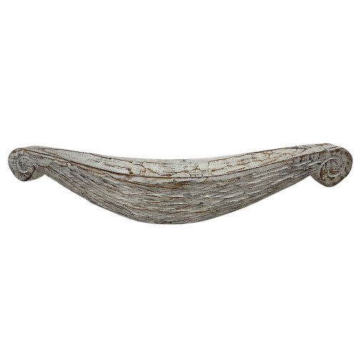 Rustic white-washed wooden bowl with carved accents, ideal for beach house table decor and organic display.  60 cm x 13cm x13cm