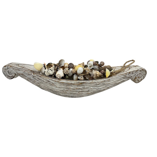 Rustic white-washed wooden bowl with carved accents, ideal for beach house table decor and organic display.  60 cm x 13cm x13cm