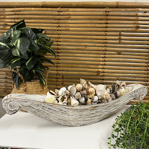 Rustic white-washed wooden bowl with carved accents, ideal for beach house table decor and organic display.  60 cm x 13cm x13cm