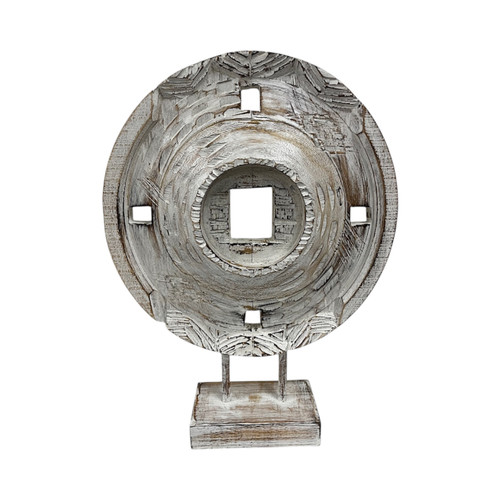 Bring rustic sophistication to your space with a handcrafted wooden coin on a stand. Standing tall at 50cm, this white-washed decor piece combines vintage charm and natural beauty, making it a standout addition to any room.