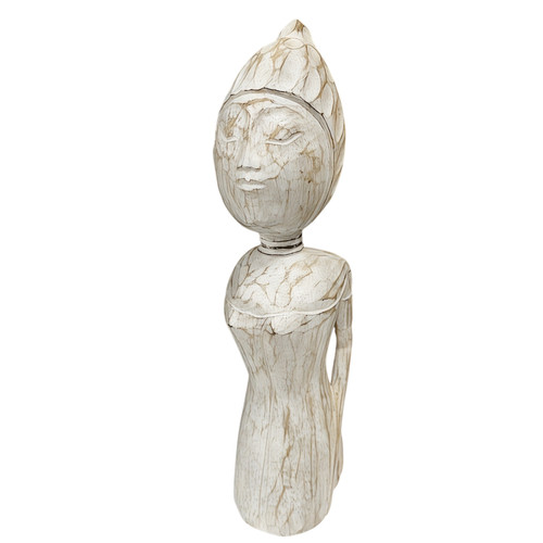 White-washed Bali goddess wooden decor, 30x10cm, adds bohemian charm and spiritual elegance to home tables.