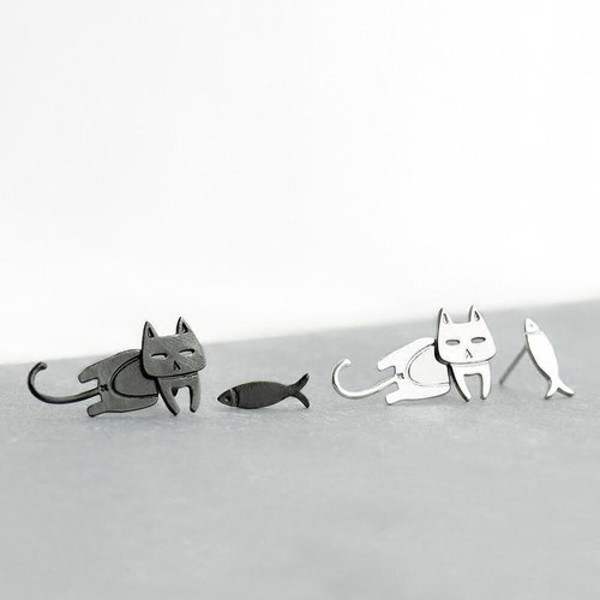 Fish and Cat Silver Earrings zaxx