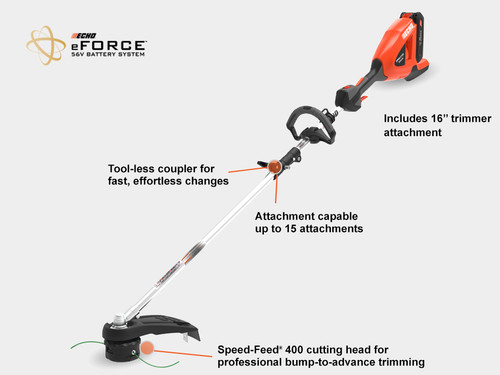 eFORCE™ 56V 16” ATTACHMENT CAPABLE BATTERY STRING TRIMMER w/2.5Ah BATTERY AND CHARGER