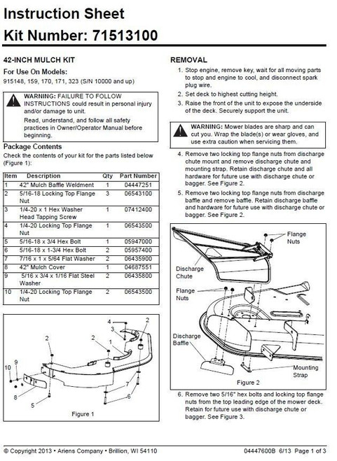 Genuine Ariens Gravely KIT-MULCH - ZOOM/ZT 42in  Part # 71513100