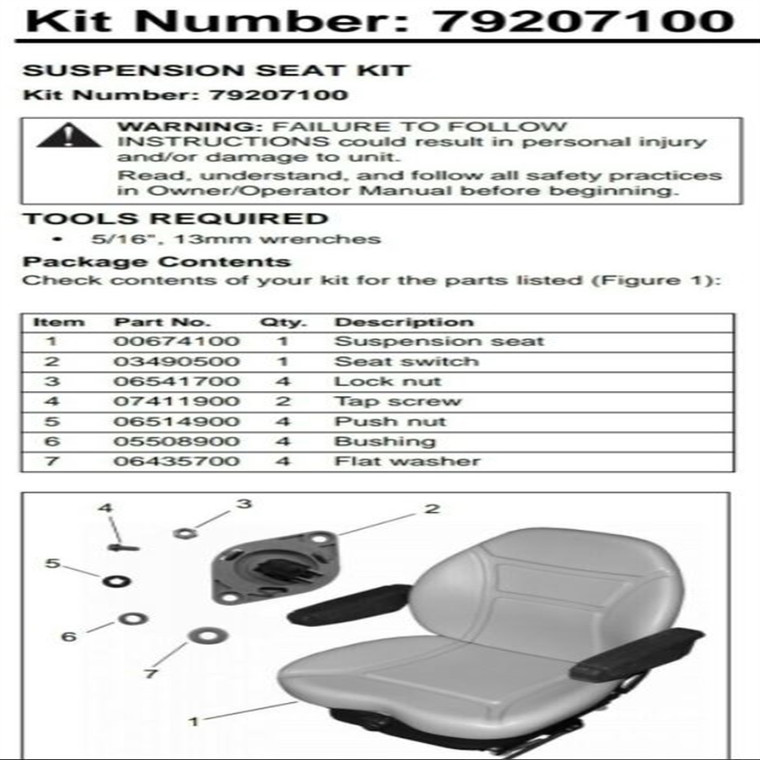 GENEUINE ARIENS GRAVELY  79207100 KIT,SEAT SUSPENSION 79207100