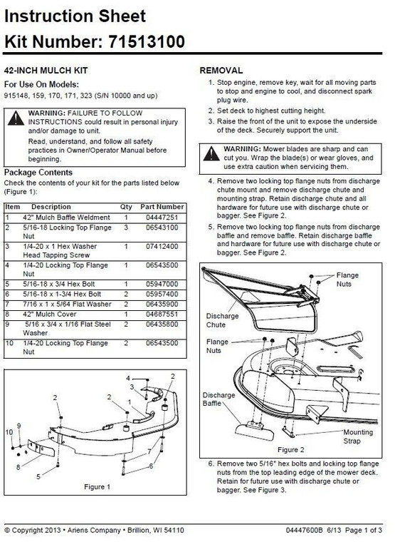 Genuine Ariens Gravely KIT-MULCH - ZOOM/ZT 42in  Part # 71513100
