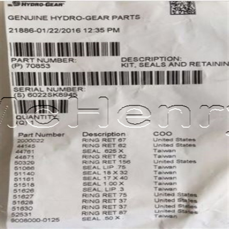 Genuine OEM Hydro-Gear KIT SEALS AND RETAINING  Part# 70853