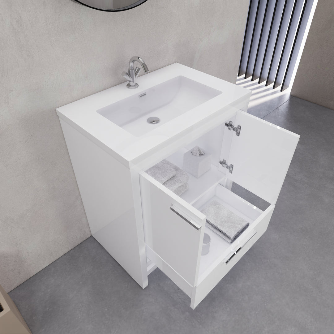 DOLCE 30″ HIGH GLOSS WHITE MODERN BATHROOM VANITY WITH WHITE ACRYLIC