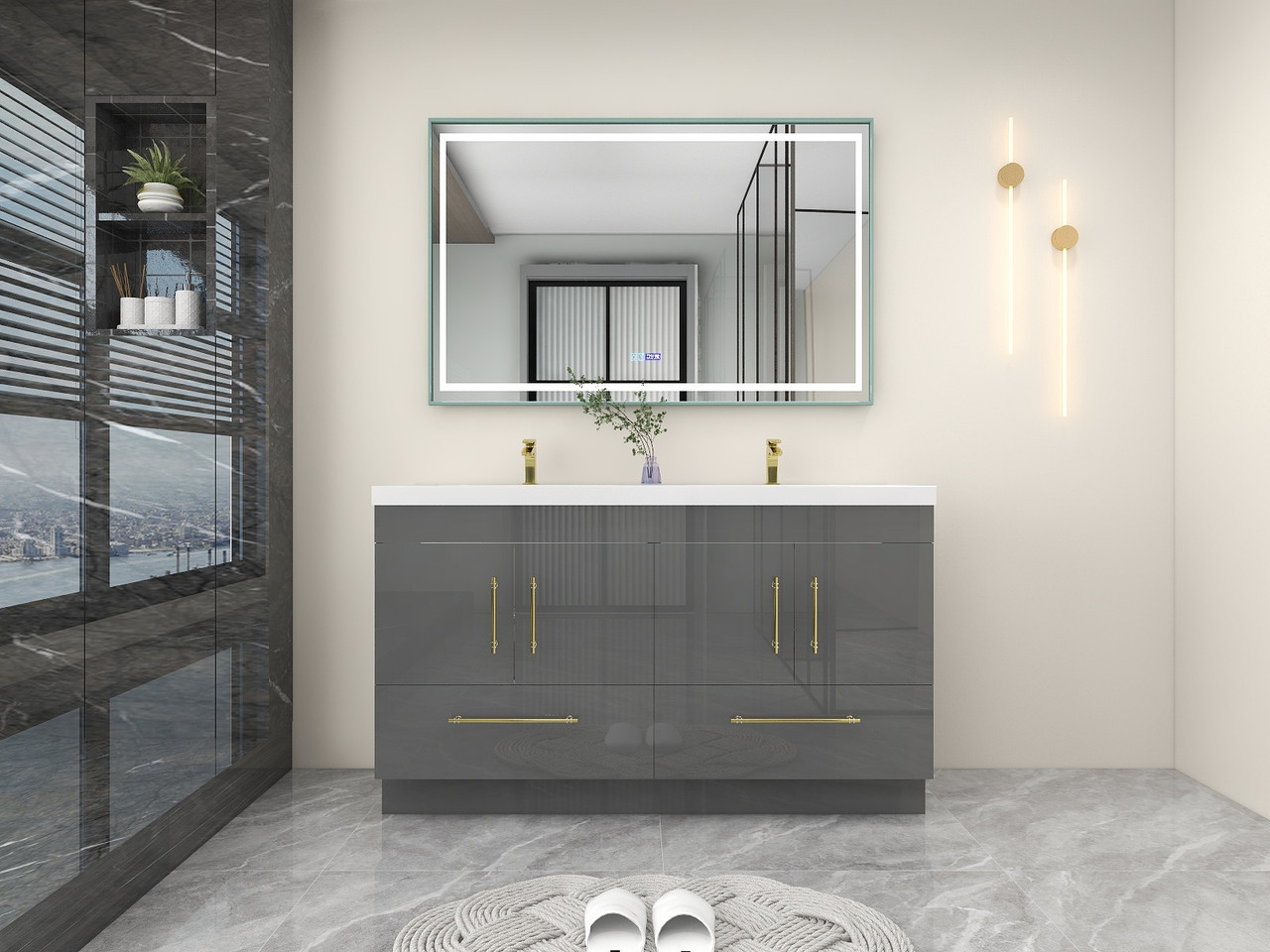 Murray 60" Teak Oak Wall Mounted Modern Vanity - Double Sink - LOS ...