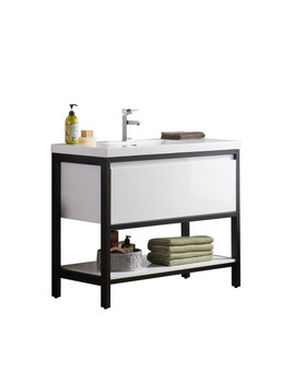 LAKE 42" FREESTANDING MODERN WHITE VANITY WITH MATTE BLACK STAINLESS STEEL FRAME