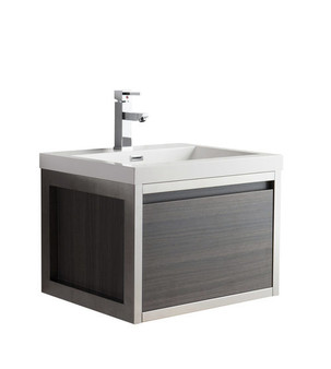 Lake 24" Grey Oak Wall Hung Modern Bathroom Vanity with Chrome Stainless Steel Frame with Acrylic Sink