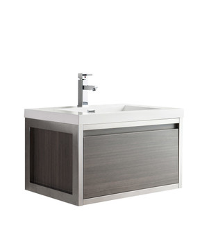 Lake 30" Grey Oak Wall Hung Modern Bathroom Vanity with Chrome Stainless Steel Frame with Acrylic Sink