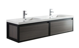 Lake 84" Grey Oak Wall Hung Modern Bathroom Vanity with Matte Black Stainless Steel Frame with Acrylic Sink