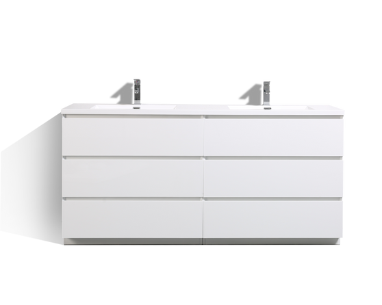 MOA 72″ DOUBLE SINK GLOSS WHITE MODERN BATHROOM VANITY W/ 6 DRAWERS AND ACRYLIC SINK