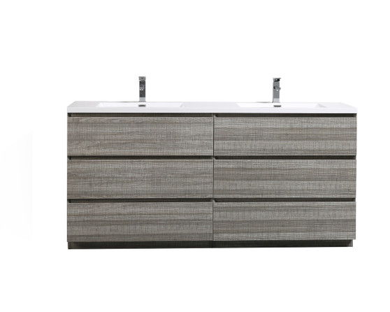 MOA 72″ DOUBLE SINK ASH-GRAY MODERN BATHROOM VANITY W/ 6 DRAWERS AND ACRYLIC SINK