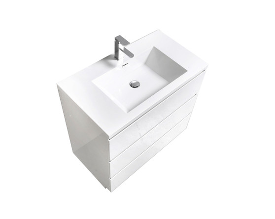 MOA 36″ GLOSS WHITE MODERN BATHROOM VANITY W/ 3 DRAWERS AND ACRYLIC SINK