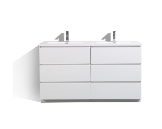 MOA 60″ DOUBLE SINK GLOSS WHITE MODERN BATHROOM VANITY W/ 6 DRAWERS AND ACRYLIC SINK