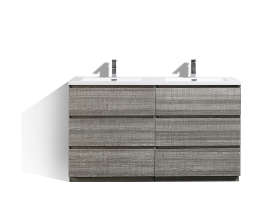 MOA 60″ DOUBLE SINK ASH-GREY MODERN BATHROOM VANITY W/ 6 DRAWERS AND ACRYLIC SINK