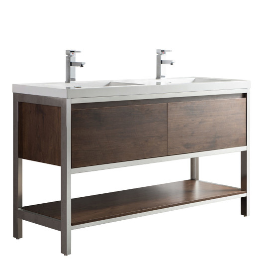 LAKE 60" FREESTANDING MODERN ROSEWOOD VANITY WITH CHROME STAINLESS STEEL FRAME