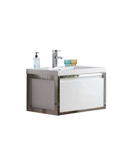 Lake 30" Glossy White Wall Hung Modern Bathroom Vanity with Chrome Stainless Steel Frame with Acrylic Sink