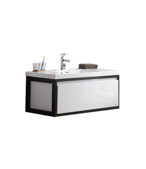 Lake 42" Glossy White Wall Hung Modern Bathroom Vanity with Matte Black Stainless Steel Frame with Acrylic Sink