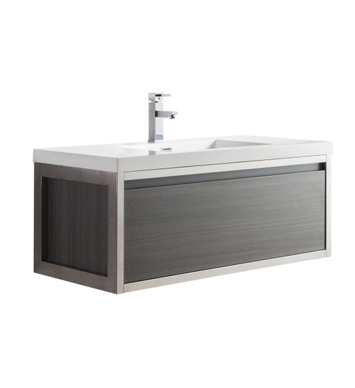 Lake 42" Grey Oak Wall Hung Modern Bathroom Vanity with Chrome Stainless Steel Frame with Acrylic Sink