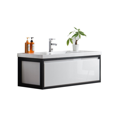 Lake 48" Glossy White Wall Hung Modern Bathroom Vanity with Matte Black Stainless Steel Frame with Acrylic Sink