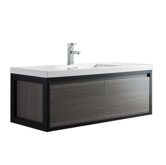 Lake 48" Grey Oak Wall Hung Modern Bathroom Vanity with Matte Black Stainless Steel Frame with Acrylic Sink
