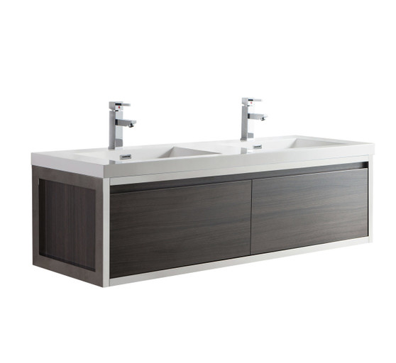 Lake 60" Grey Oak Wall Hung Modern Bathroom Vanity with Chrome Stainless Steel Frame with Acrylic Sink