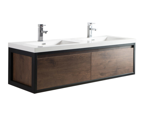 Lake 60" Rosewood Wall Hung Modern Bathroom Vanity with Matte Black Stainless Steel Frame with Acrylic Sink