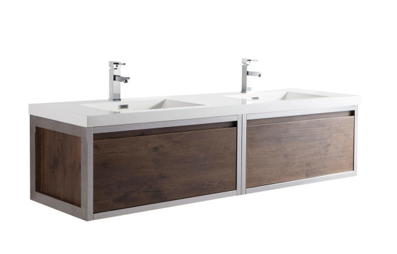 Lake 72" Rosewood Wall Hung Modern Bathroom Vanity with Chrome Stainless Steel Frame with Acrylic Sink