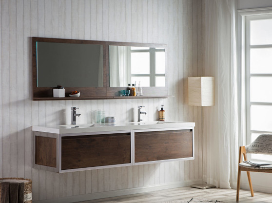 Lake 84" Rosewood Wall Hung Modern Bathroom Vanity with Chrome Stainless Steel Frame with Acrylic Sink