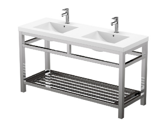 PC 60" DOUBLE SINK VANITY STAINLESS STEEL CONSOLE W/ WHITE ACRYLIC SINK - CHROME