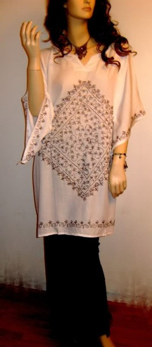 GLAM White Blouse Shirt Embroidered Short Kaftan - UK 16 18 20 22 24 Freesize