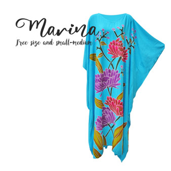 MARINA Blue Hand Painted Floral Kaftan Caftan Buttersoft Long Dress Plus
