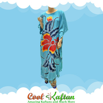 Blue Orchid Beautiful Black Hand Painted Flower Buttersoft Long Kaftan Dress - Freesize