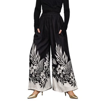 [Coolkaftan PALAZZO BLACK BATIK] Ladies Butter-soft  Rayon Wide Leg Elasticated Palazzo Trousers with 2 Pockets - Stretchable Waist