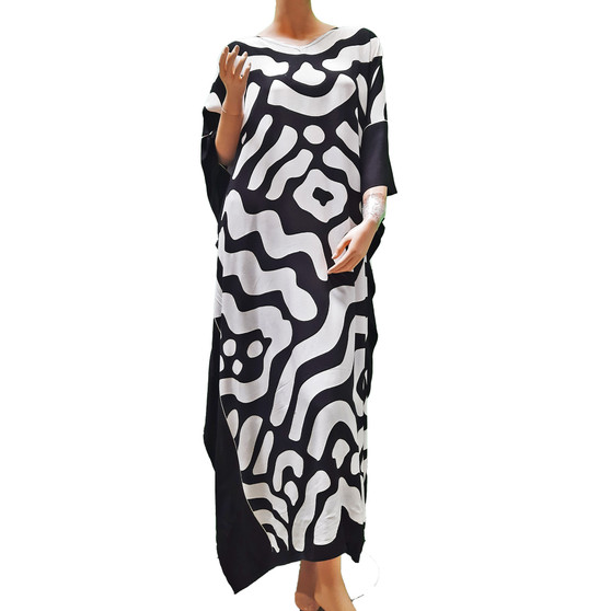 ZEBRA Print Animal Kaftan Caftan Black White Dress Plus One Size Cool Hand-drawn