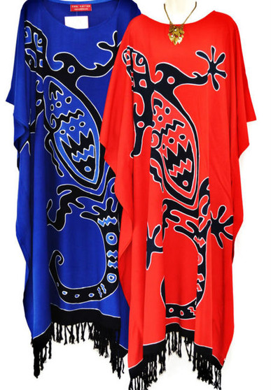 GECKO Hand Drawn Buttersoft Long Kaftan Plus Dress Blue Red Black - Freesize