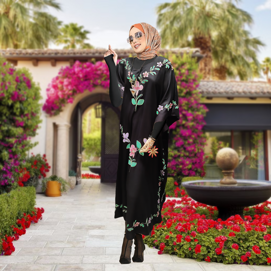 GARDEN Black Hand Painted Embroidered Kaftan Dress Ladies Long Cool Kaftan 